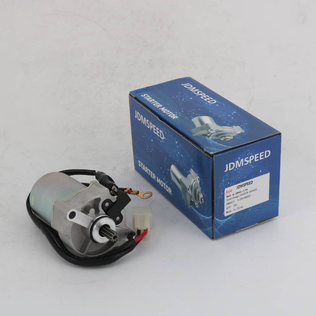 Starter motor with wiring harness and terminals, paired with blue retail box
