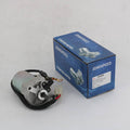 Starter motor with wiring harness and terminals, paired with blue retail box