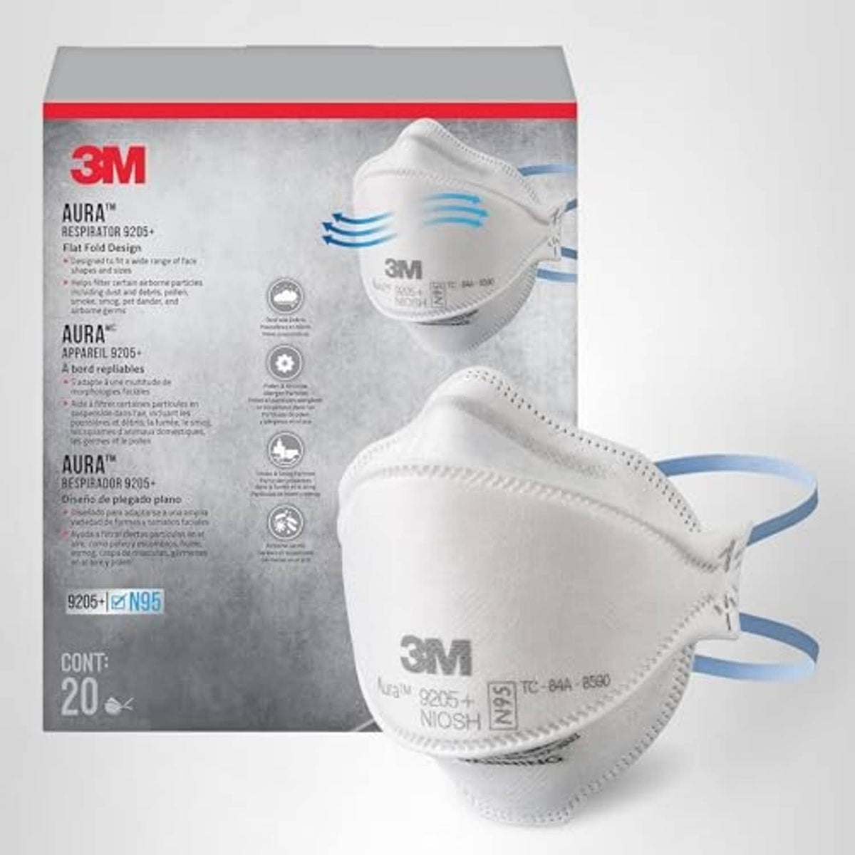 3M Aura N95 respirator retail box showing white mask and blue straps
