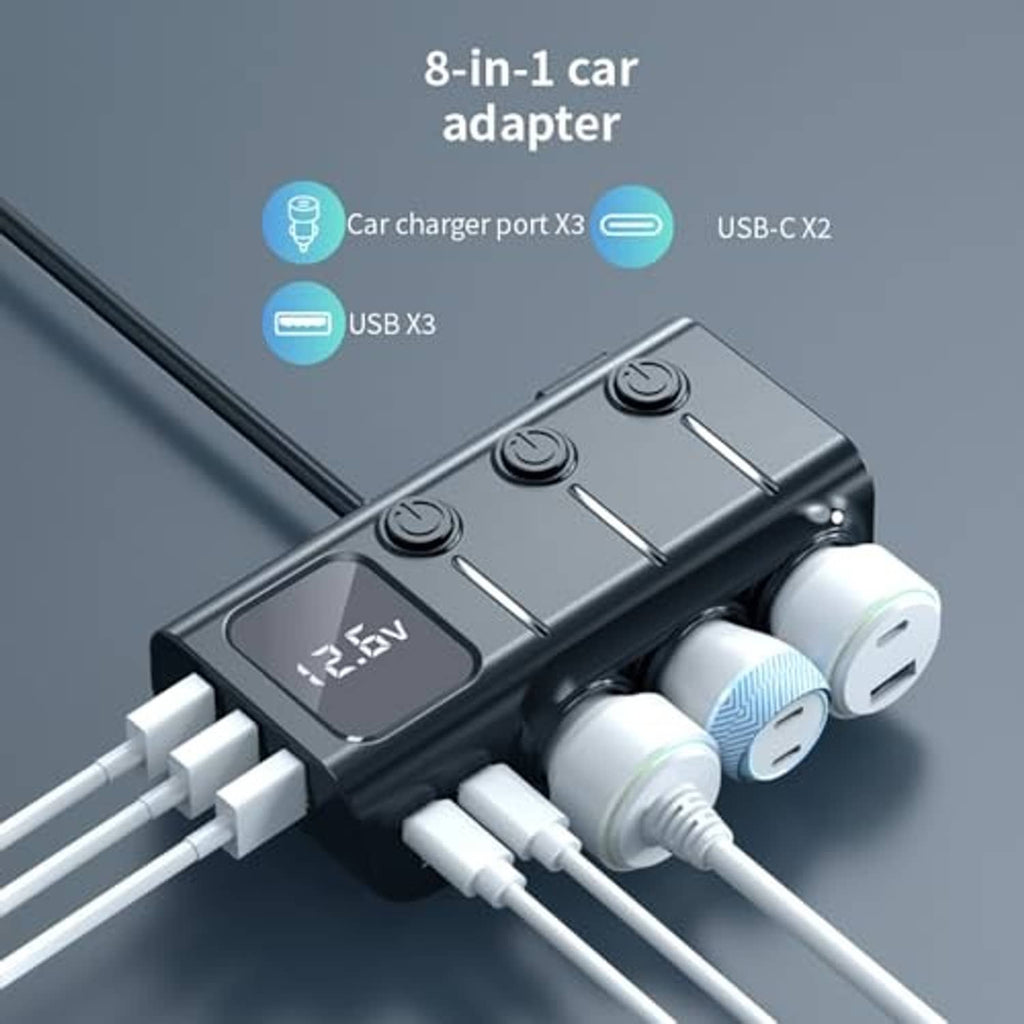 Black 8-in-1 car adapter with lighter plug, multiple cables, and USB ports