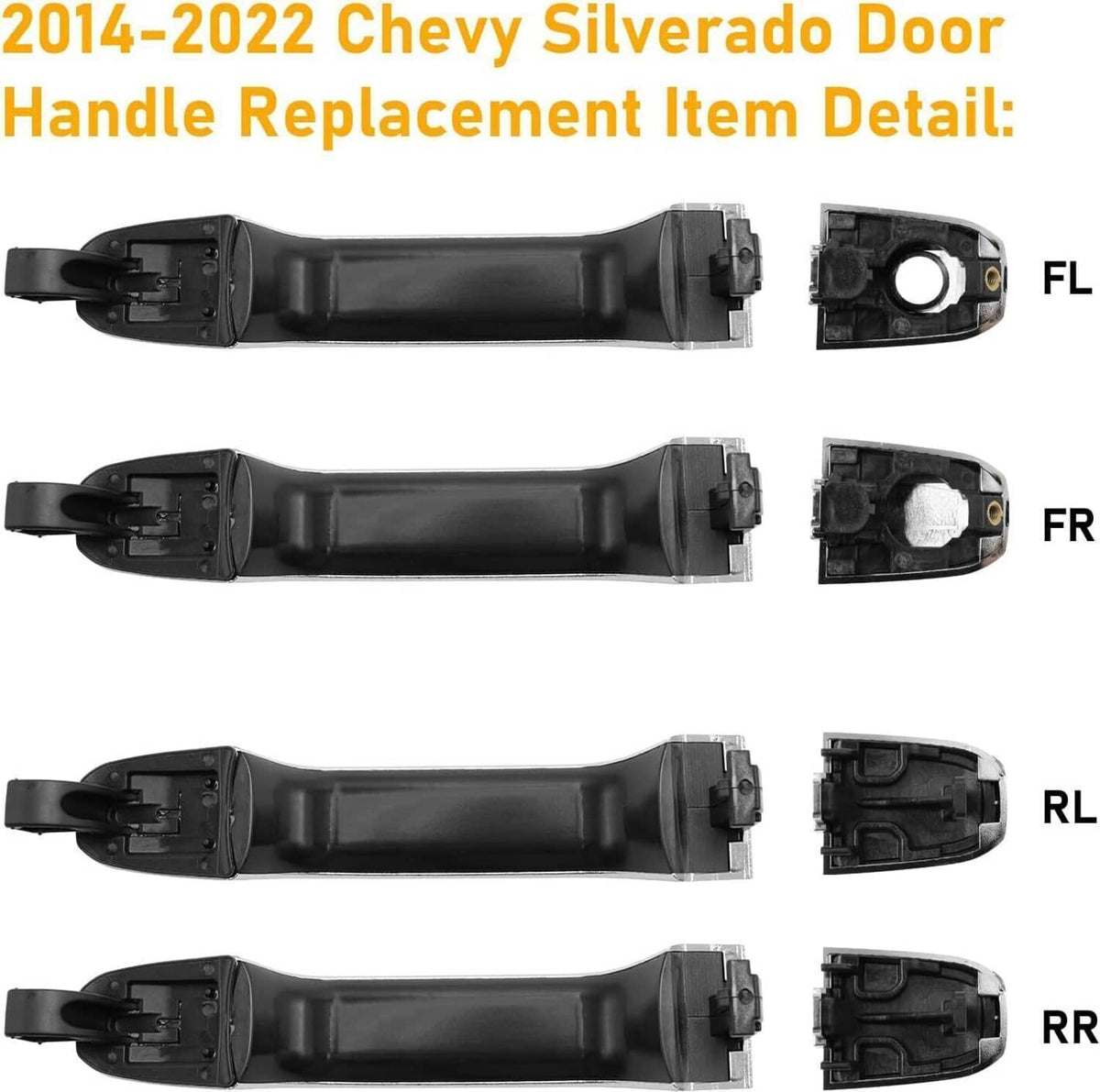 Black door handle replacement housings and inserts for front and rear positions