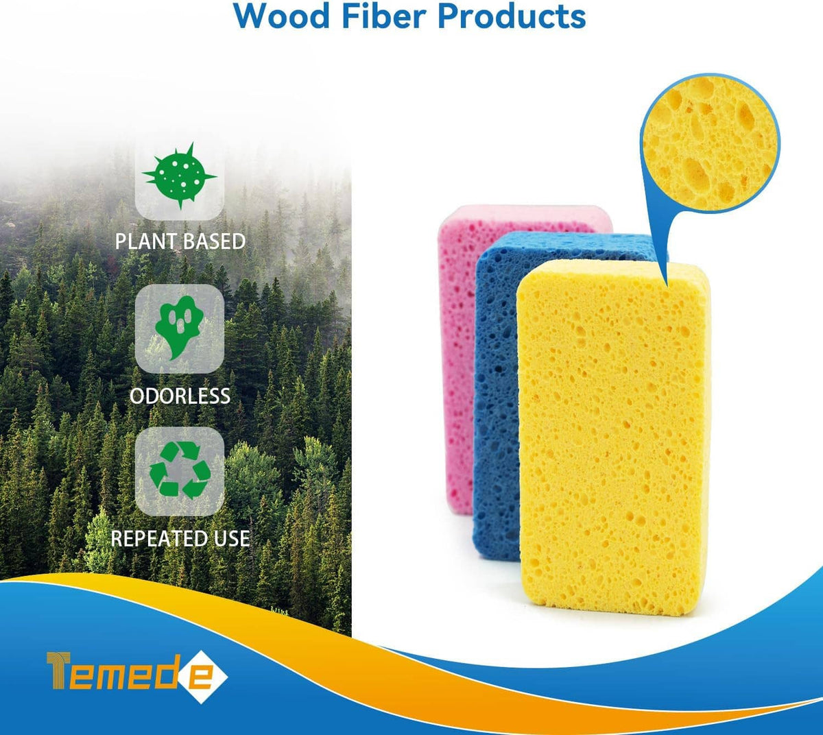 Multi-color cellulose scrub sponges with porous foam, pink blue and yellow