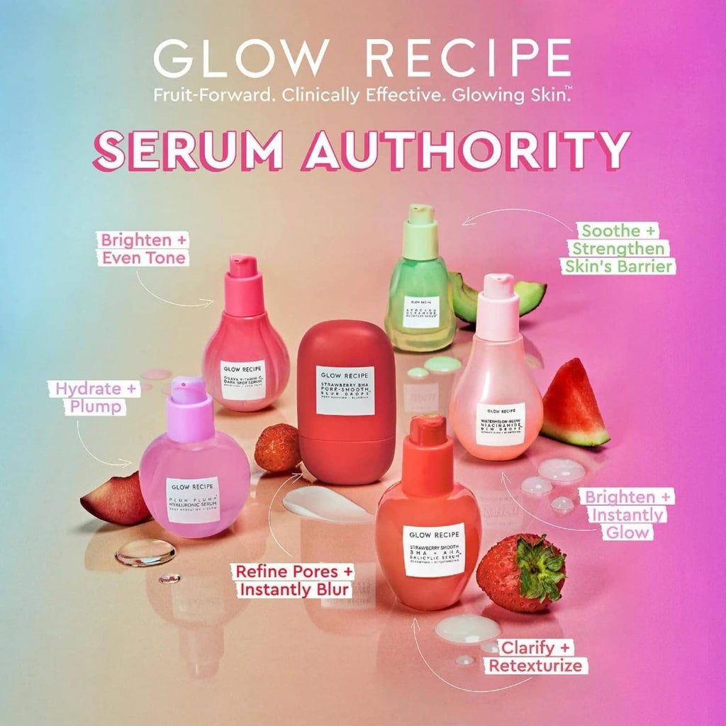 Glow Recipe skincare products lineup with pink red and green bottles