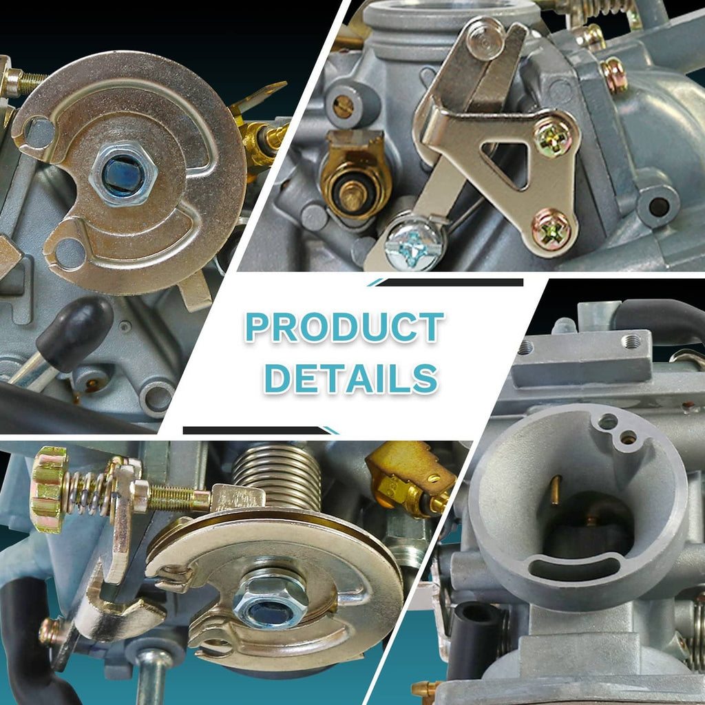 Carburetor details showing round top cover, spring area, and mounting hardware.