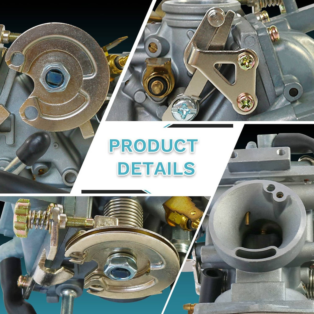 Carburetor details showing round top cover, spring area, and mounting hardware.