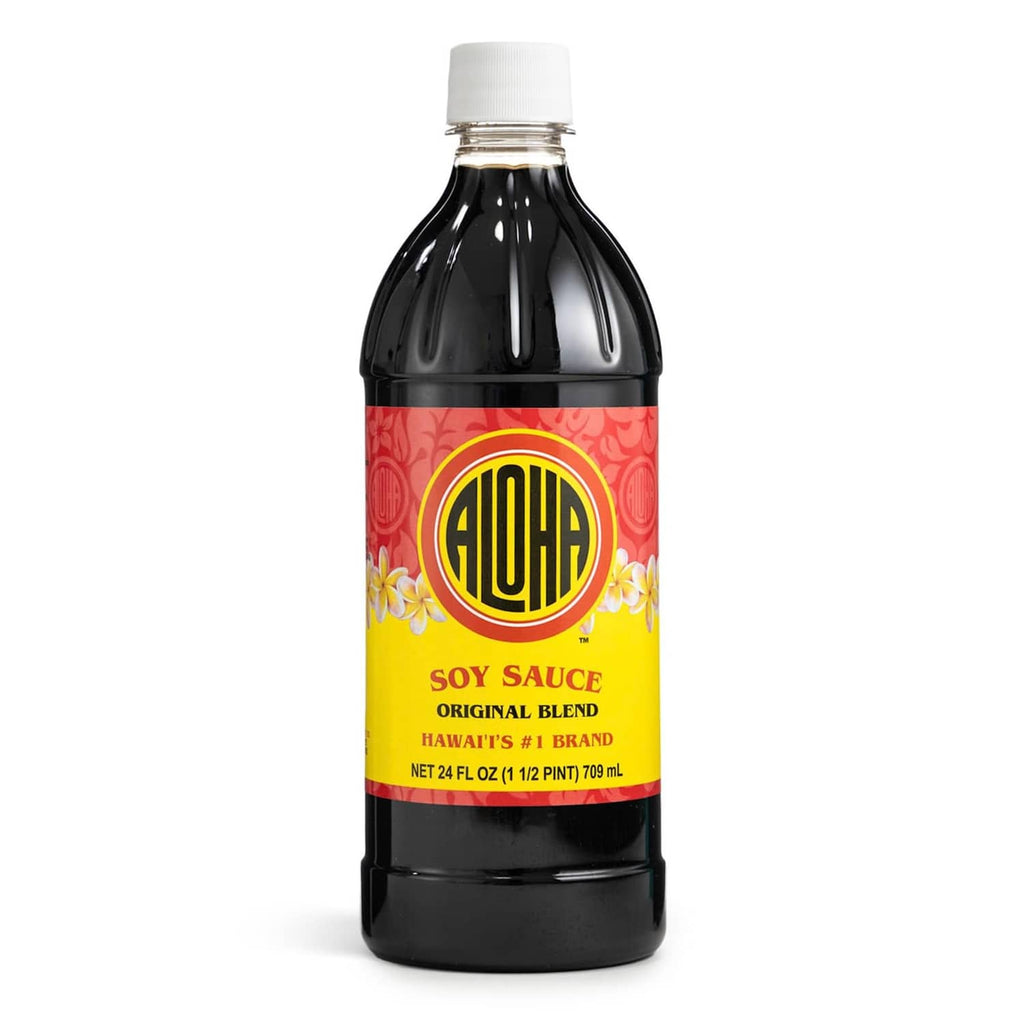 Aloha soy sauce bottle with white cap and red label