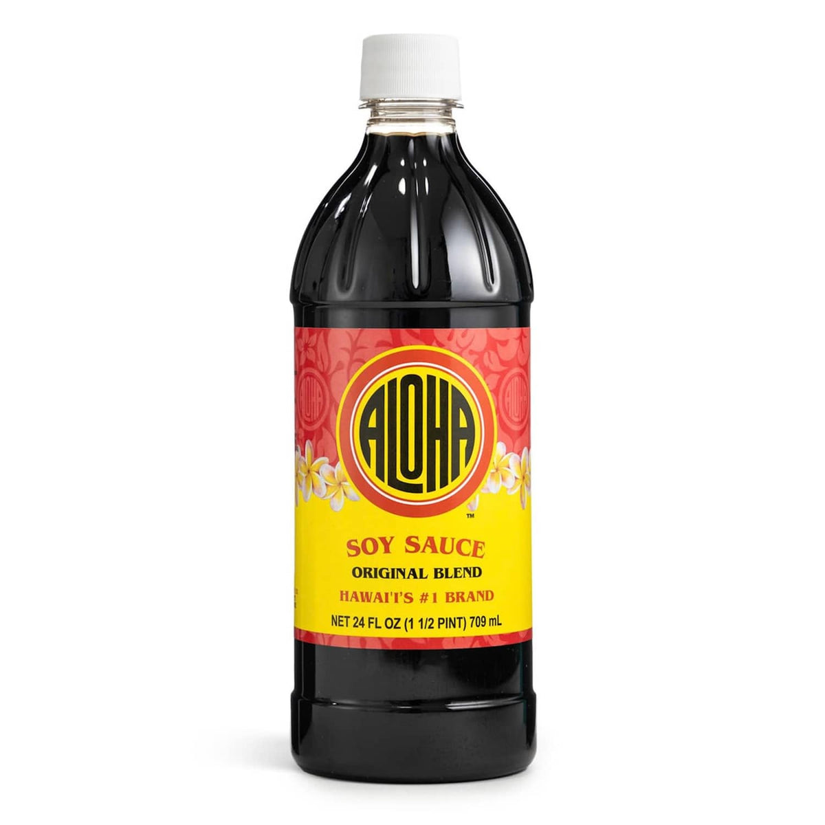 Aloha soy sauce bottle with white cap and red label