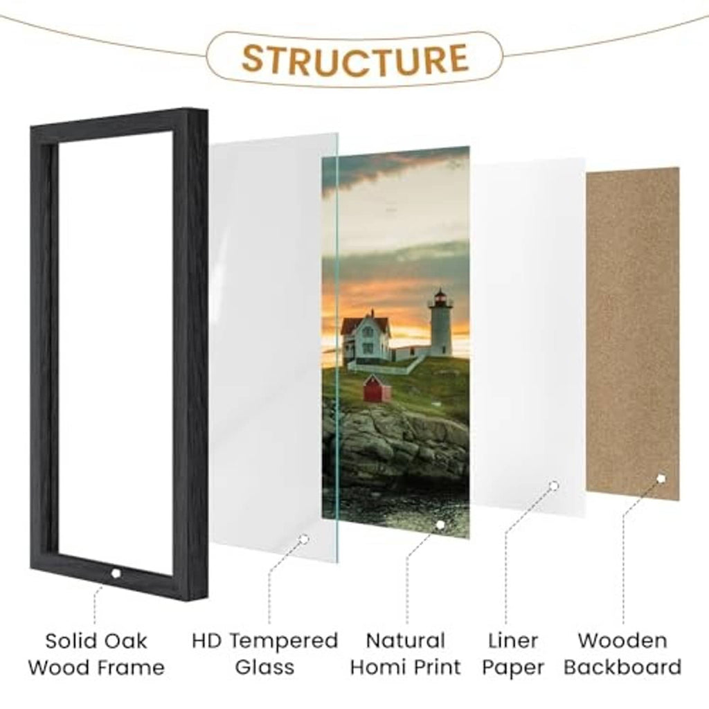 Black oak picture frame structure with tempered glass, paper liner, and wooden backboard