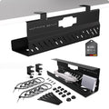 Black under-desk cable management tray with vented slots and included installation accessories