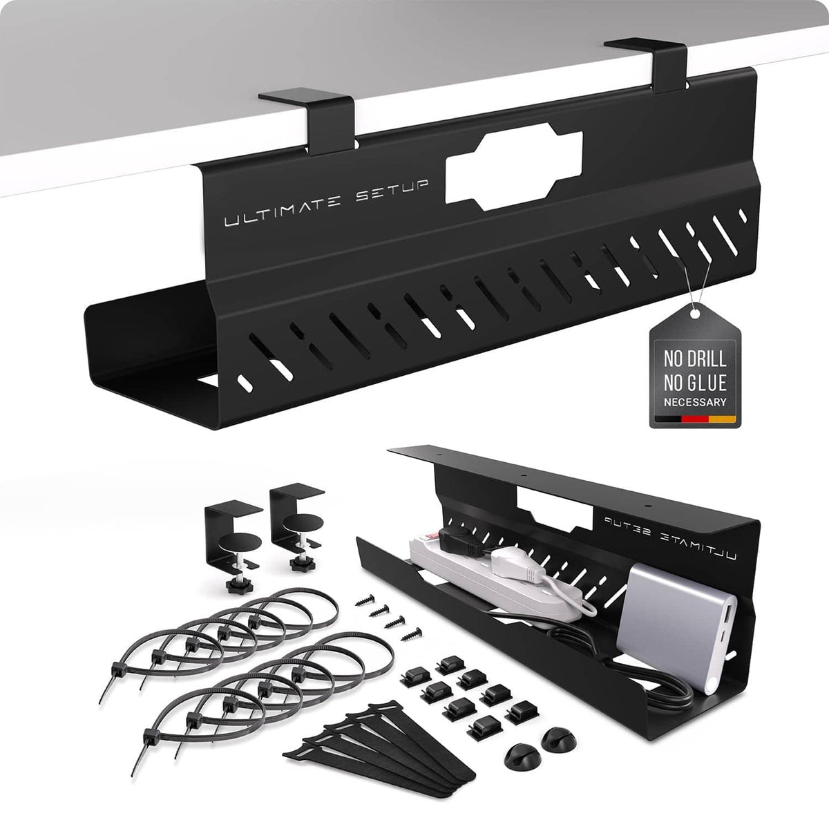 Black under-desk cable management tray with vented slots and included installation accessories