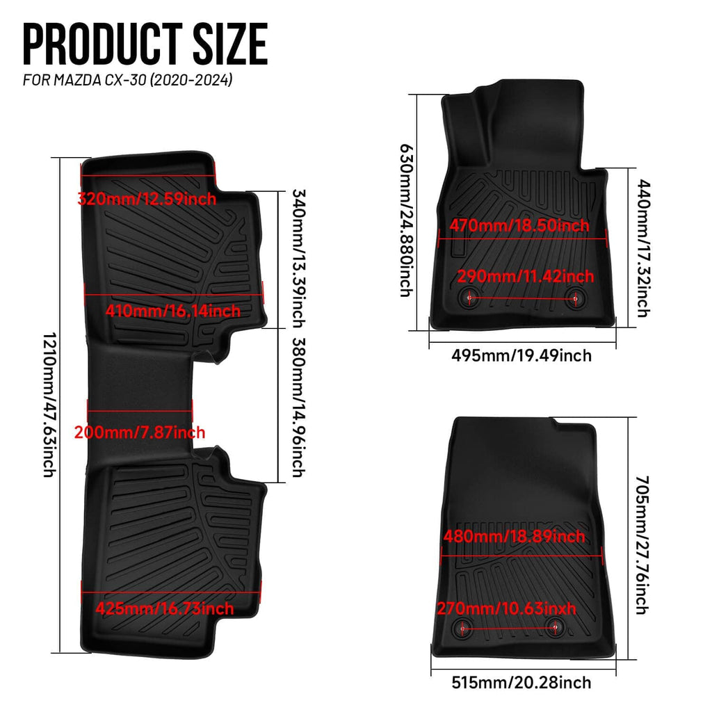 Black TPE floor mat set layout showing multiple pieces with raised protective edges