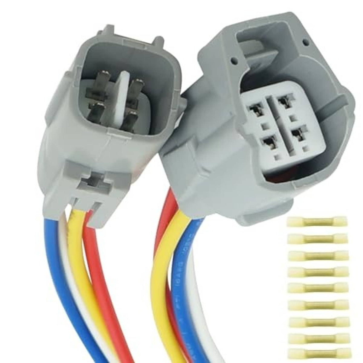 Two gray 4-pin electrical connectors with locking tabs and colored wiring harness