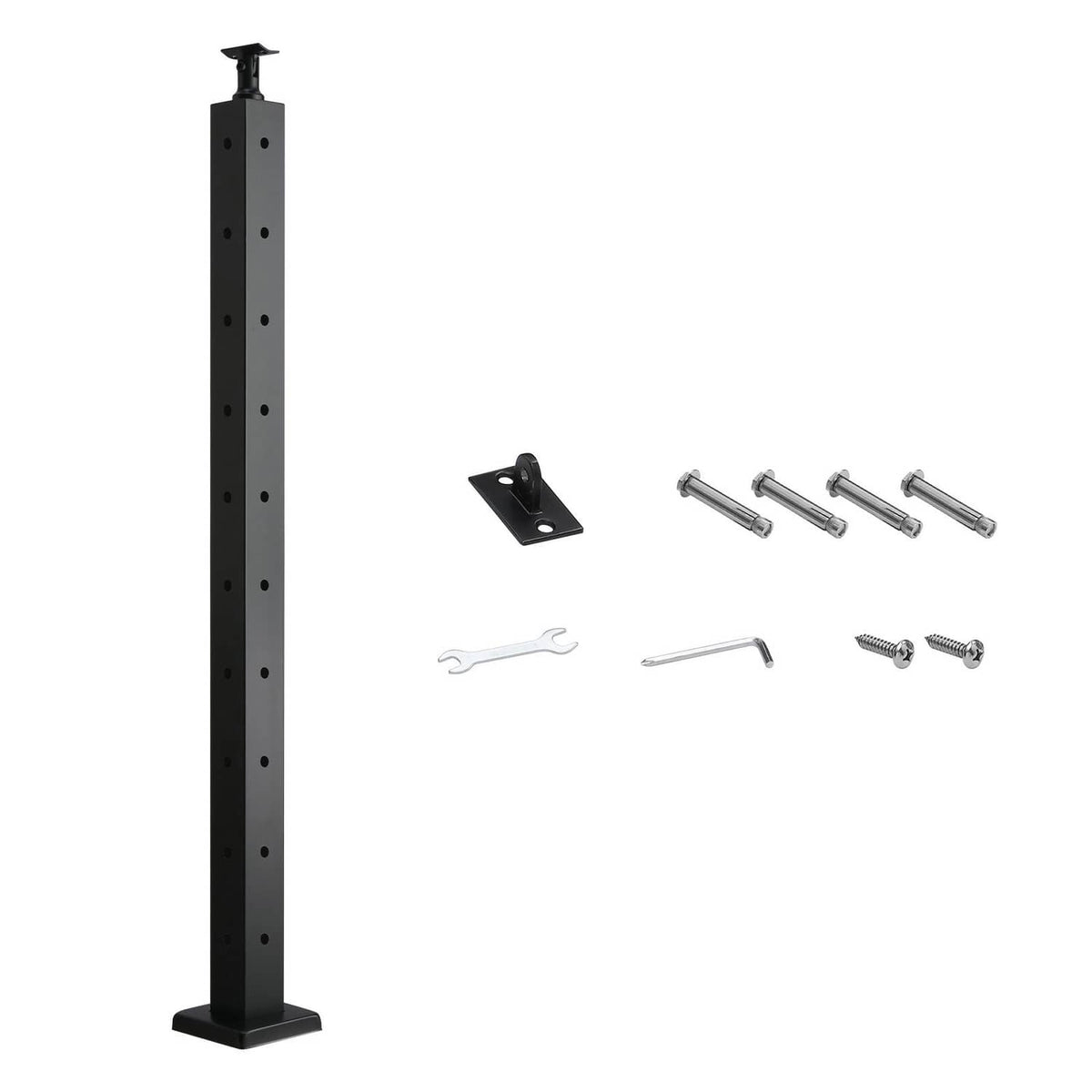 Black cable railing post with drilled holes and included mounting hardware pieces