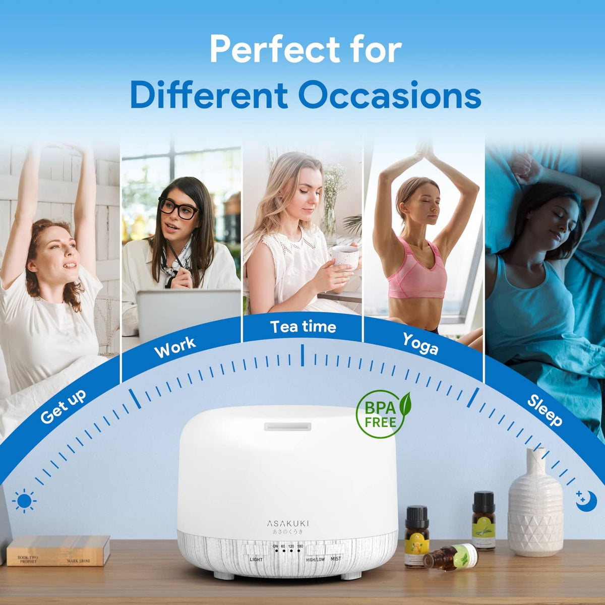 White essential oil diffuser with bottles of essential oil on the tabletop