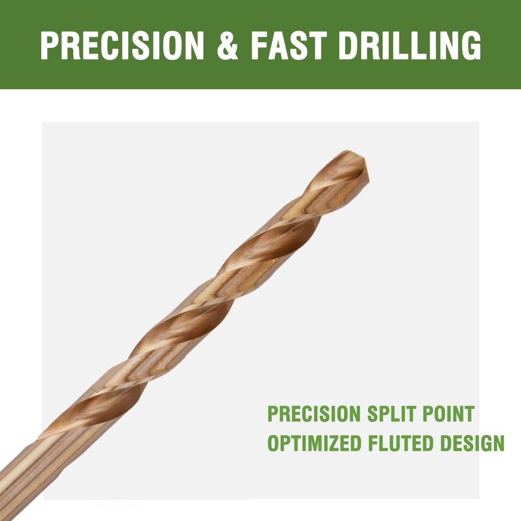 Precision split-point cobalt drill bit with spiral flutes and gold-toned coating