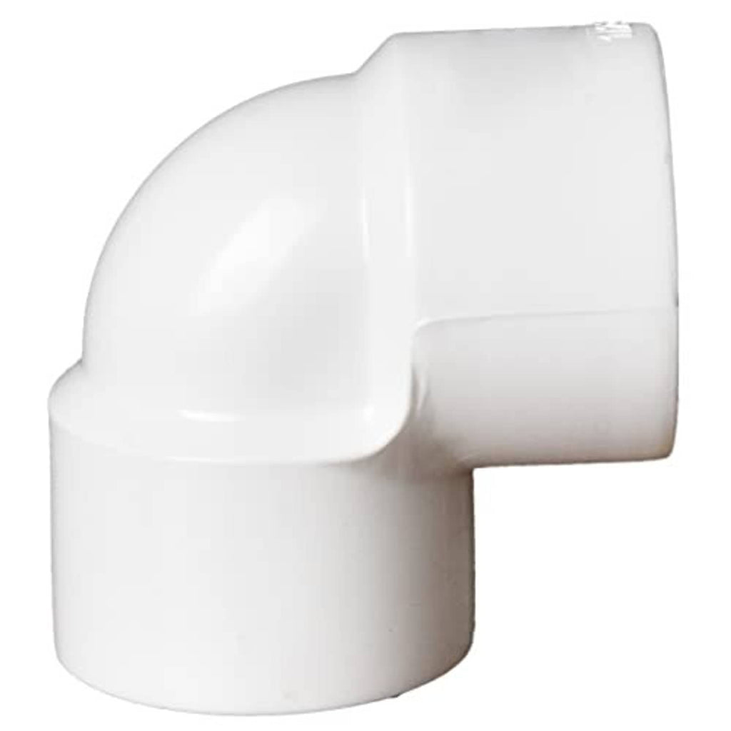 White PVC 90° elbow coupling, curved joint with threaded connection on right end.