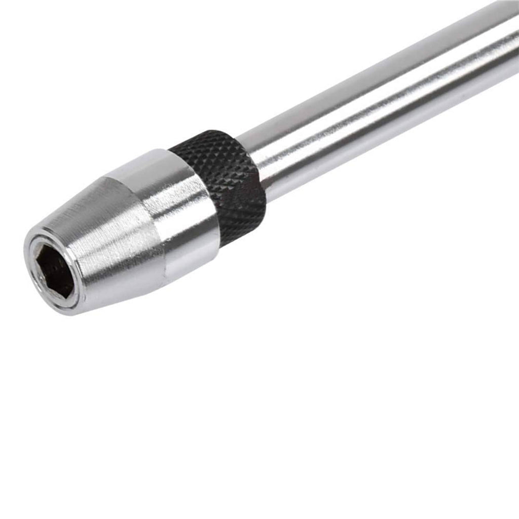 Close-up of silver bit holder sleeve with black textured grip ring and hex socket end
