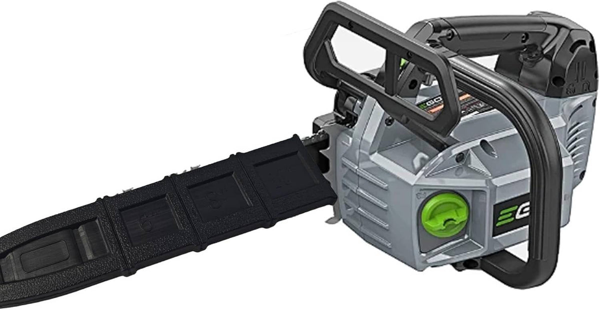 Black chainsaw bar cover scabbard installed on guide bar, textured grip section