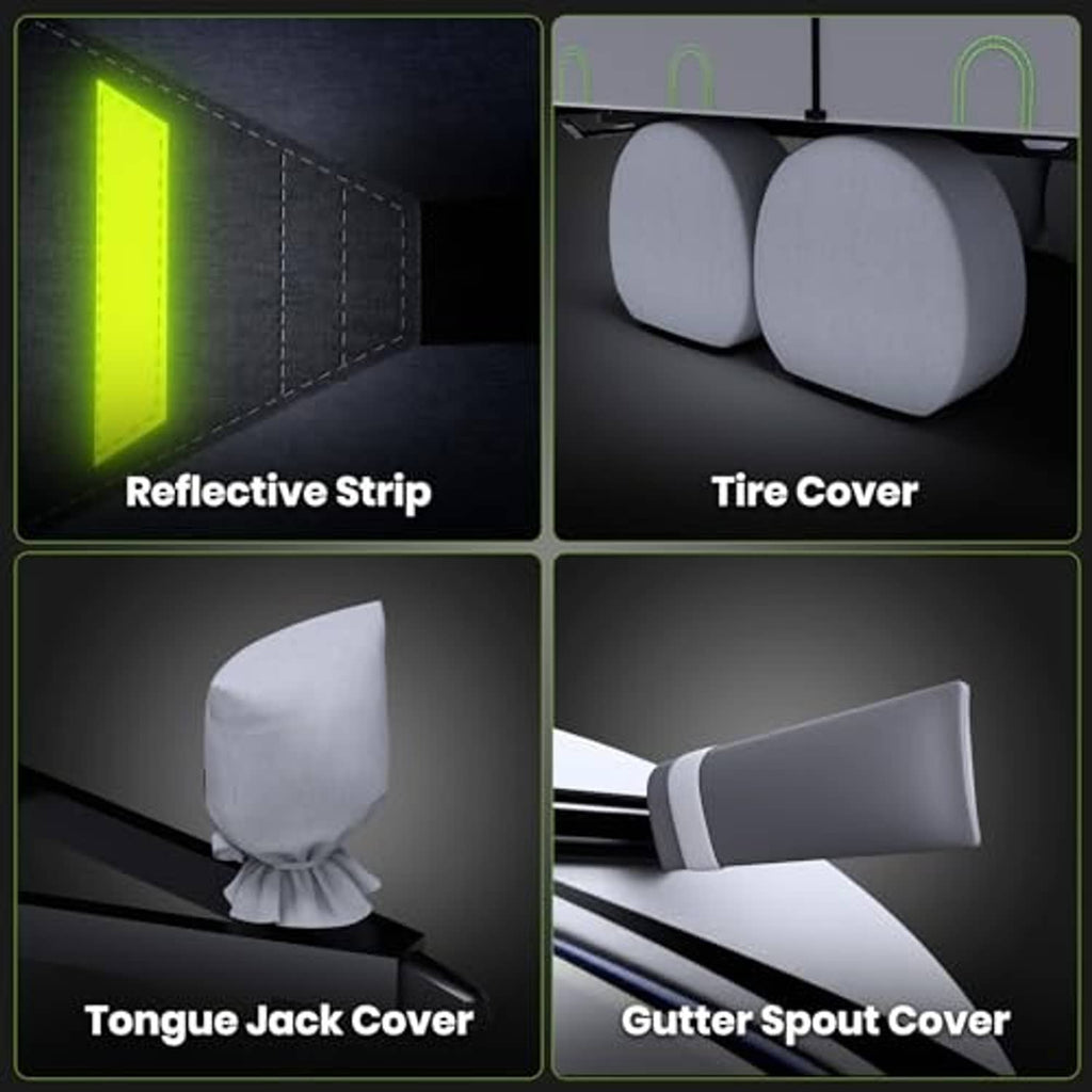 Gray RV travel trailer cover accessories: reflective strip, tire cover, jack cover, spout cover