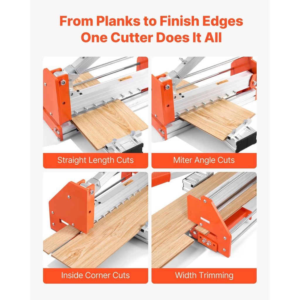 Flooring cutter with orange handle and fence for straight and angled cuts