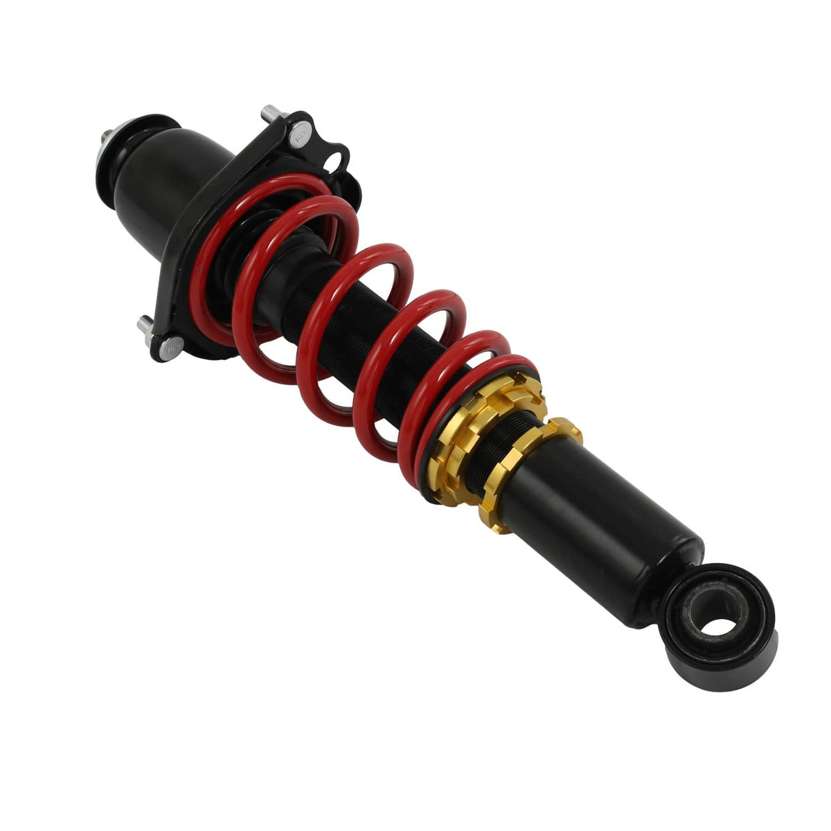 Coilover strut with black shock body, red spring, and gold adjustment ring