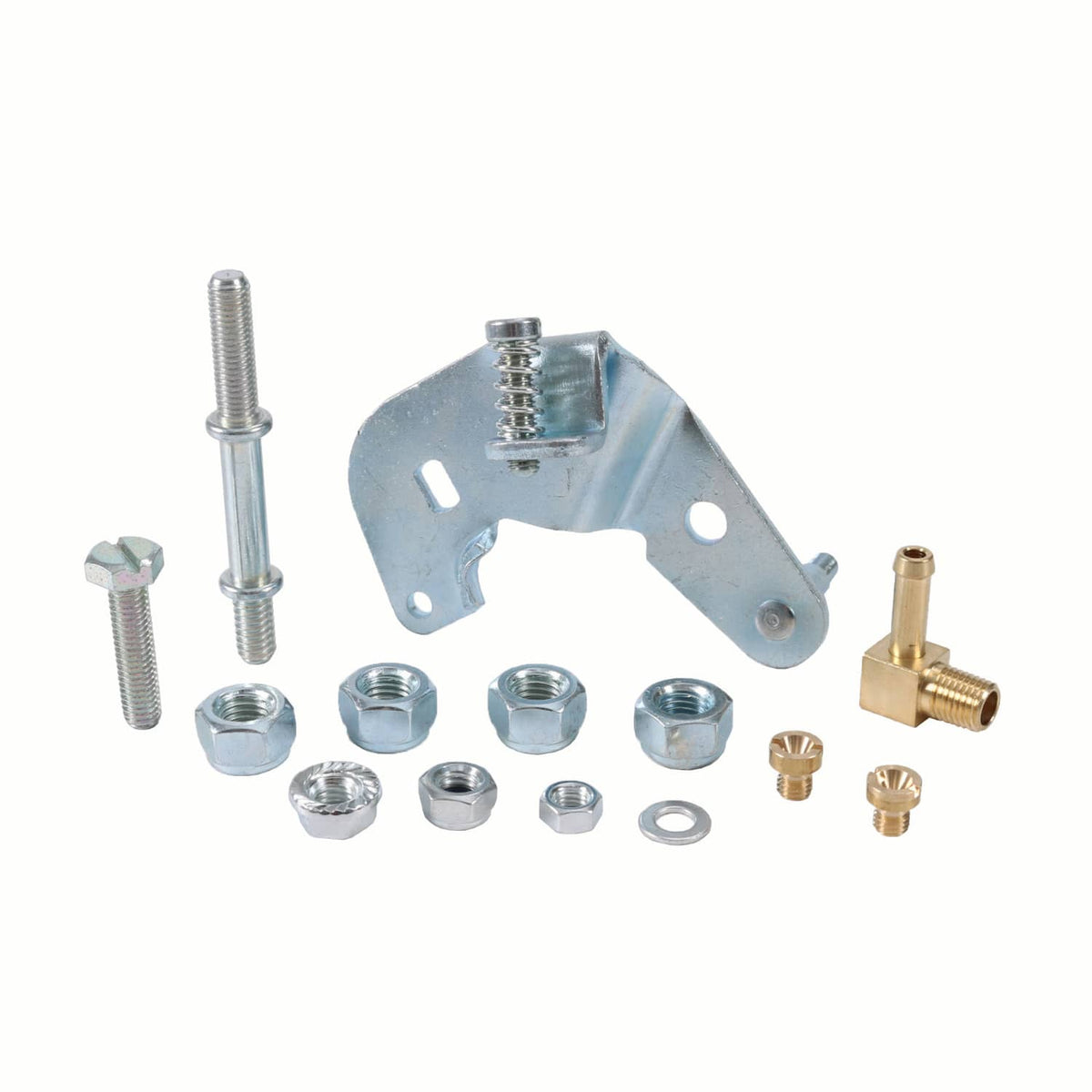 Carburetor mounting bracket kit with bolts and fittings—galvanized metal and brass pieces.