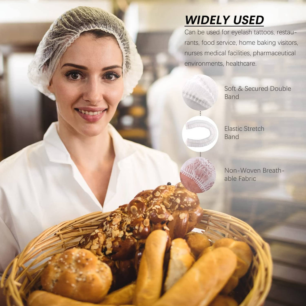 Disposable white bouffant cap hair net with double-layer secure band