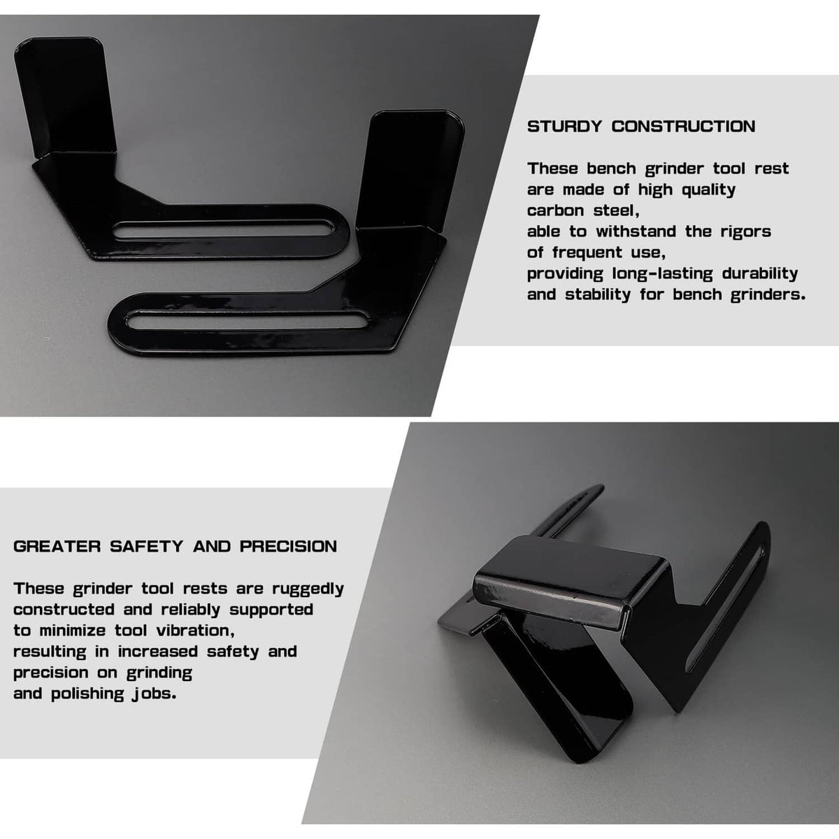Black bench grinder tool rest pair with sturdy construction and curved supports