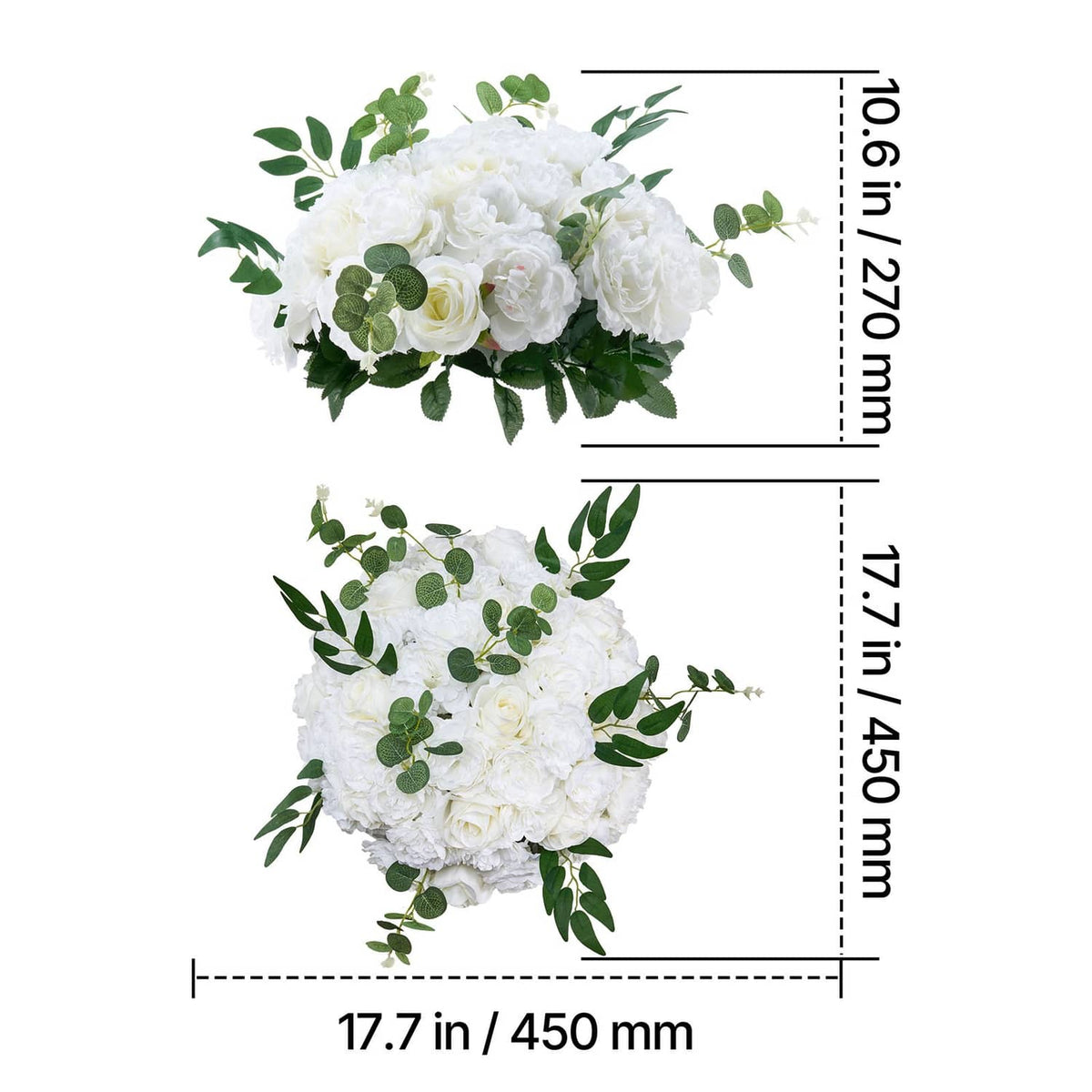 Artificial white rose flower ball with green leaves, dimensions shown for 17.7 in
