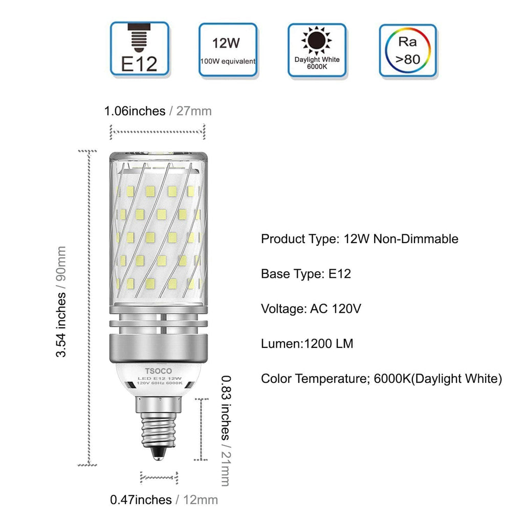 E12 12W LED bulb with daylight white light; size and specs diagram