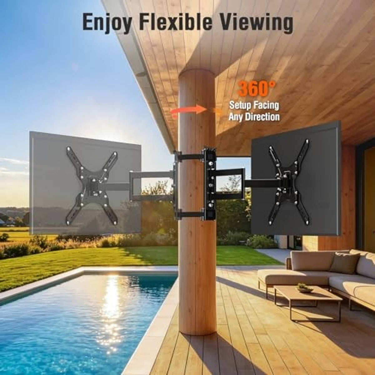 Outdoor pillar TV mount on post holding a TV for flexible viewing