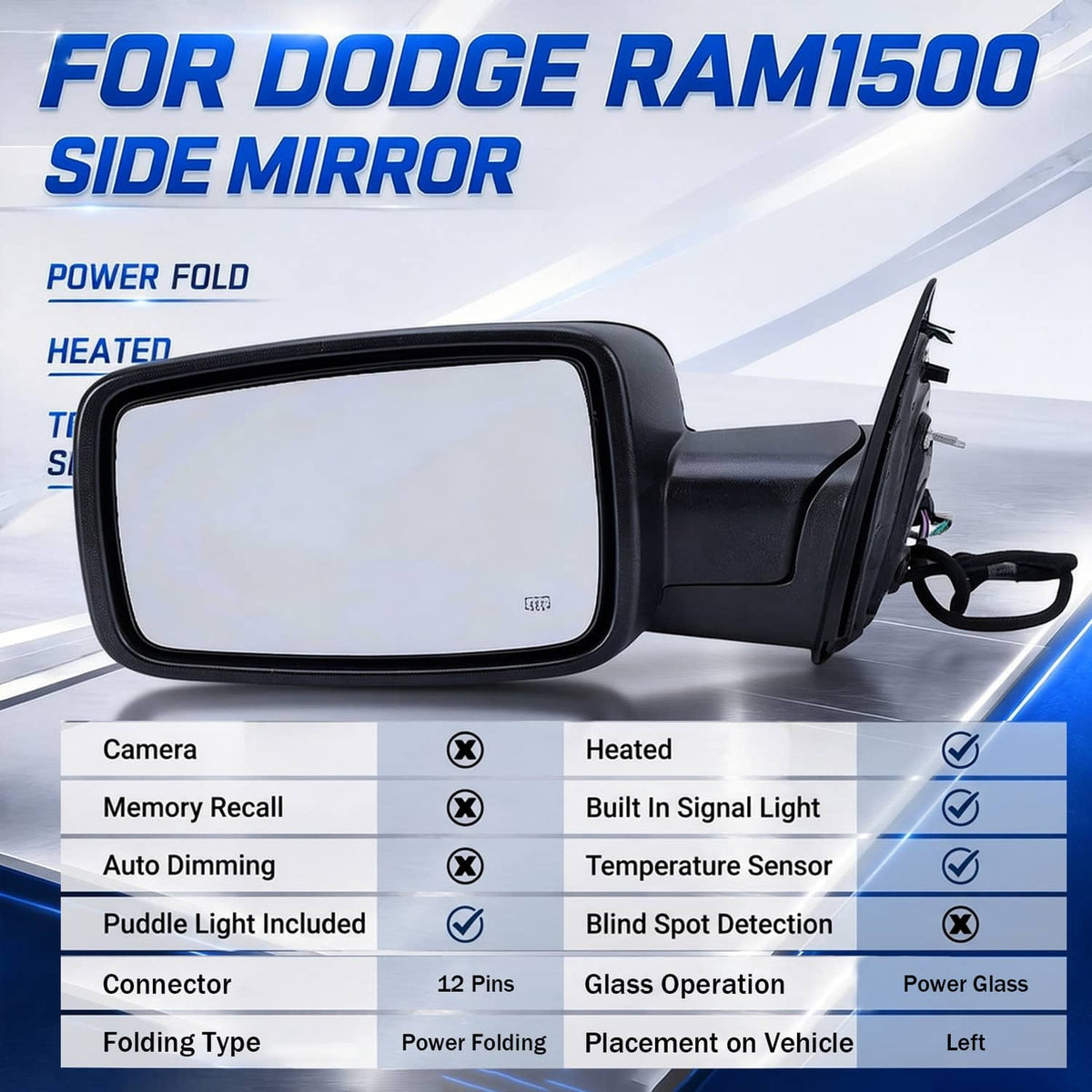 Black power heated side mirror with clear glass and indicator strip, front view