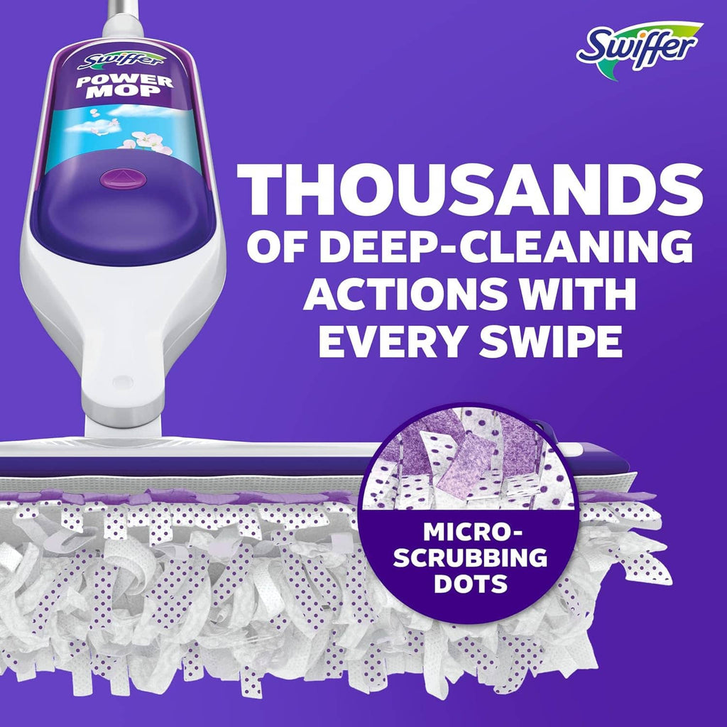 Swiffer Power Mop with micro-scrubbing dots pads on purple promotional card