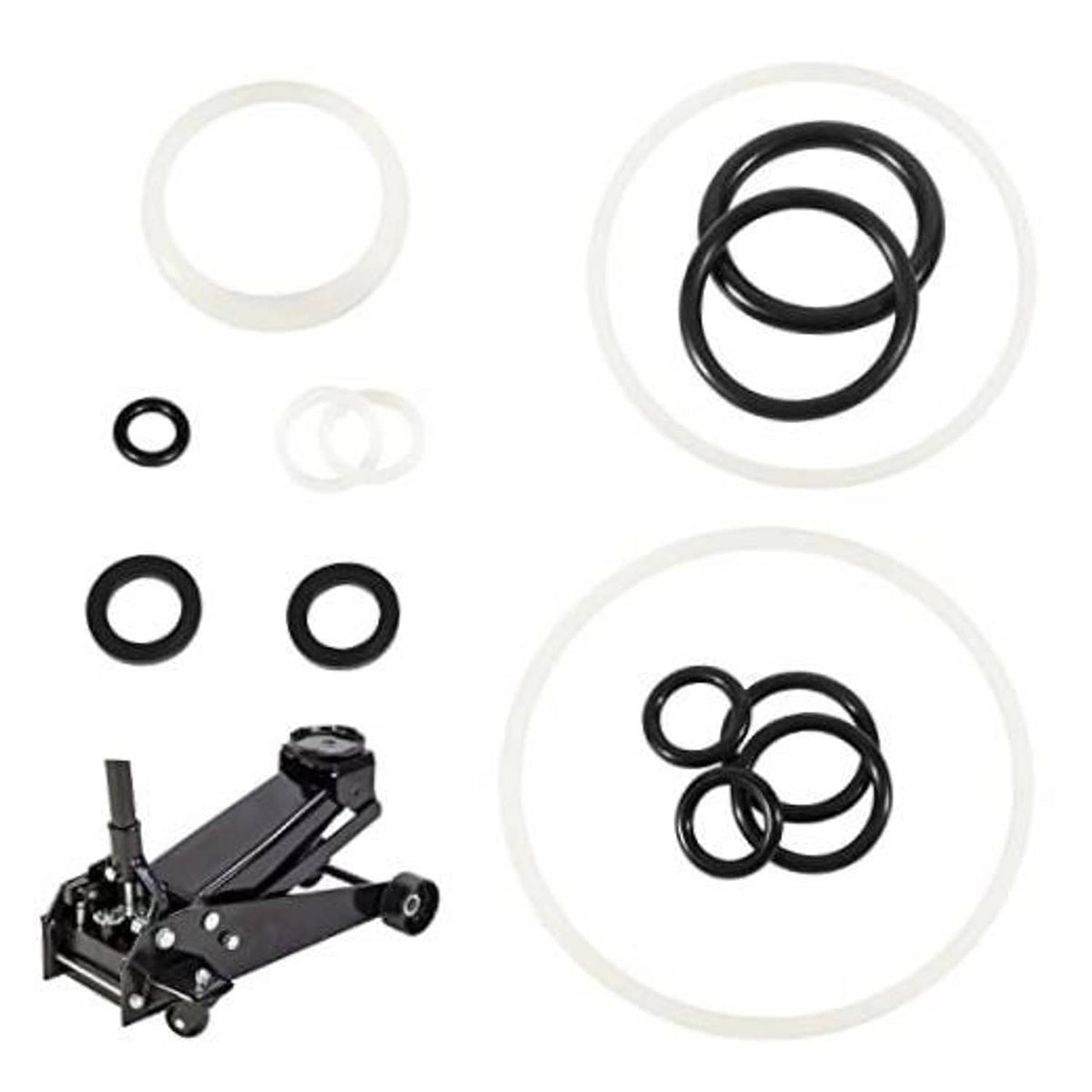 Floor jack seal repair kit with black O-rings and gasket seals, 14-piece set