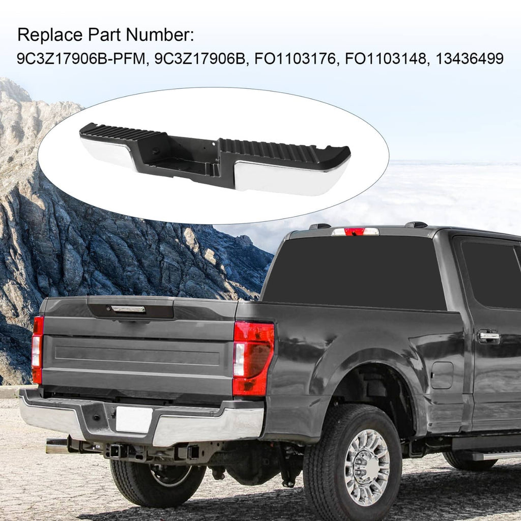 Truck rear bumper upgrade with black step bar and chrome-trim panels