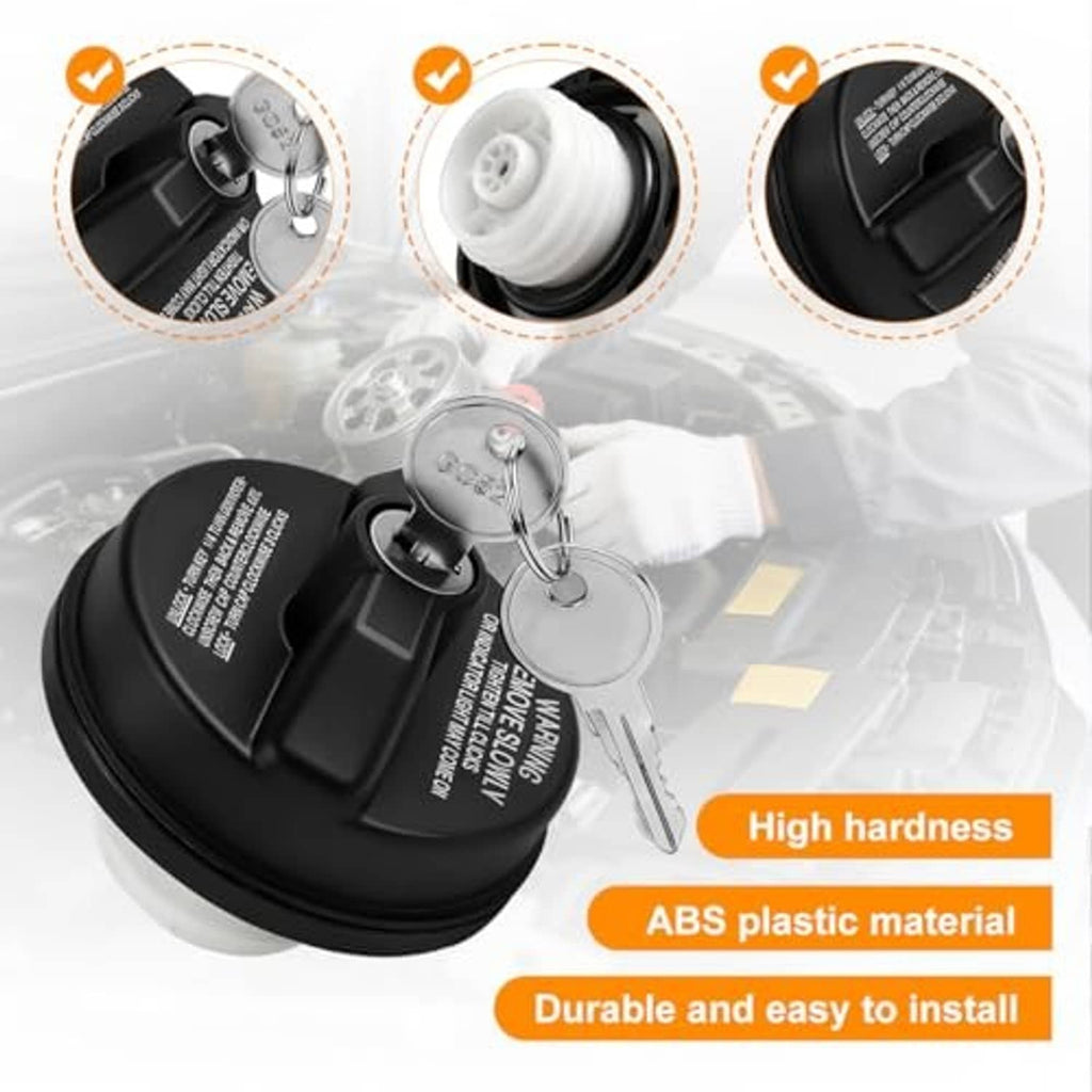 Black locking gas cap with silver key cylinder and two keys