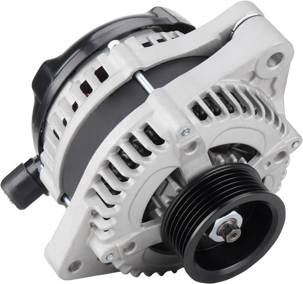 Light gray alternator with black pulley and vented housing, front three-quarter view.