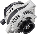 Light gray alternator with black pulley and vented housing, front three-quarter view.