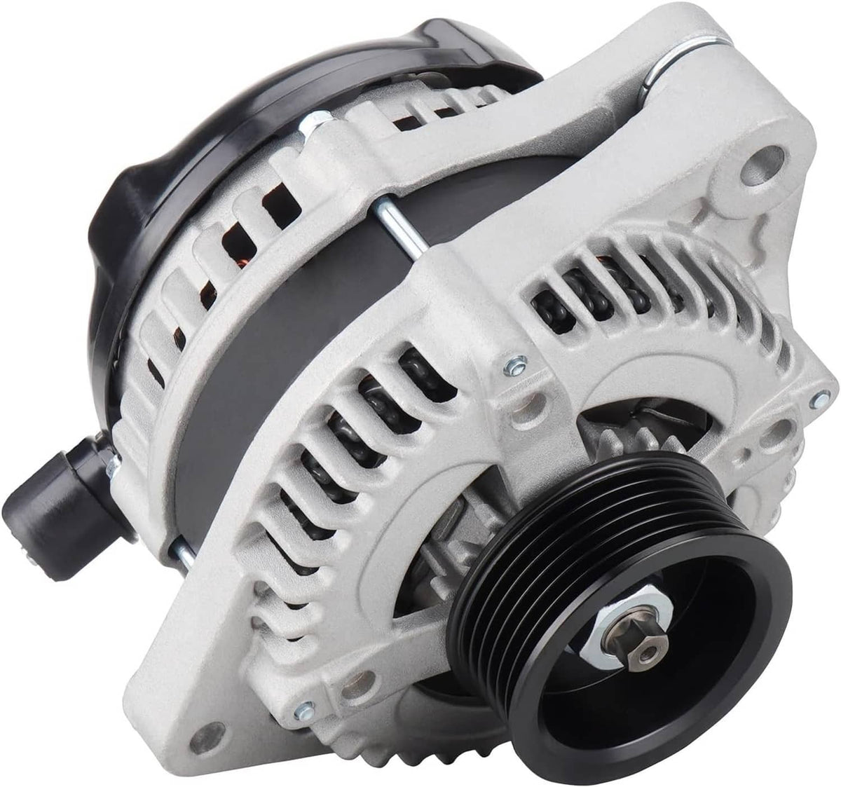 Light gray alternator with black pulley and vented housing, front three-quarter view.