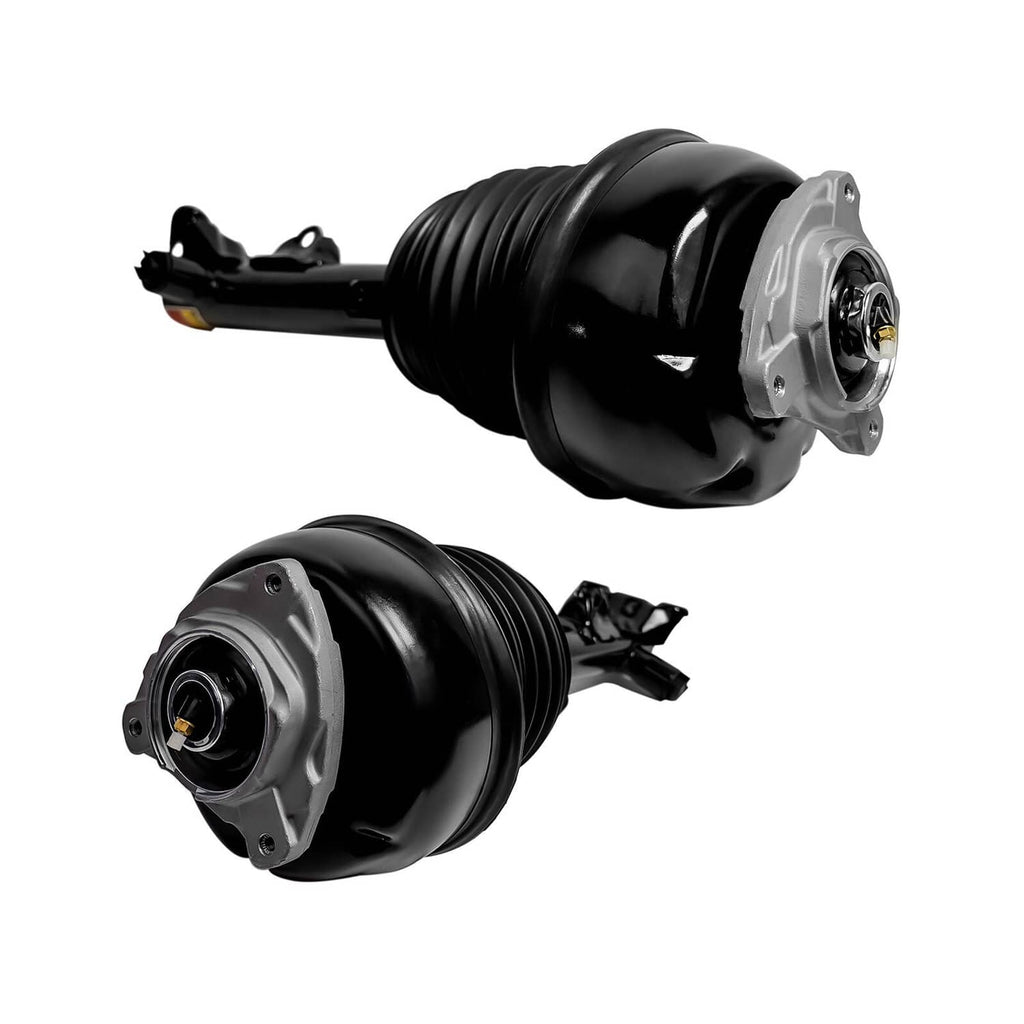 Front air suspension shock struts with black bellows and gray top plates, pair