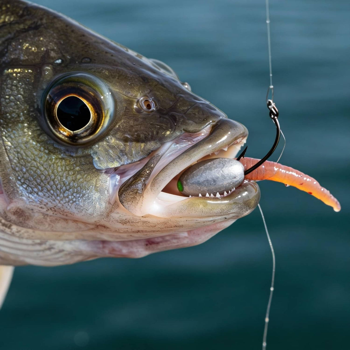 Egg fishing sinker weight attached to fishing line, gray silver with green loop near fish