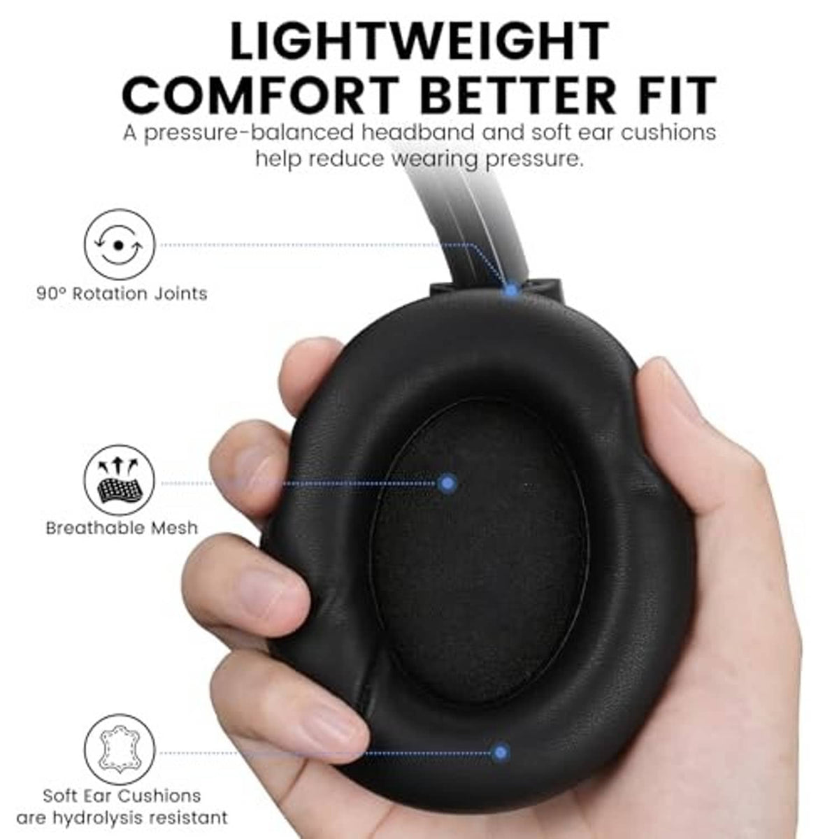 Black over-ear headphones with soft ear cushions, shown held in hands.