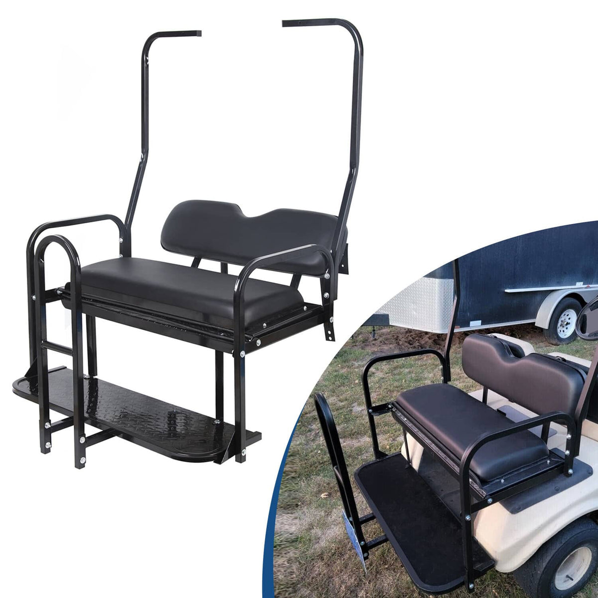 Golf cart rear flip seat kit with black cushions and metal grab-bar frame