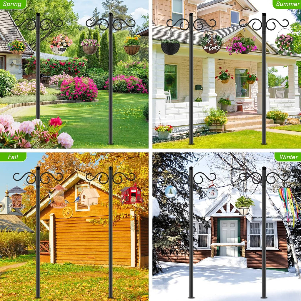 Black outdoor double shepherd hooks for hanging planters, each with two curled arms