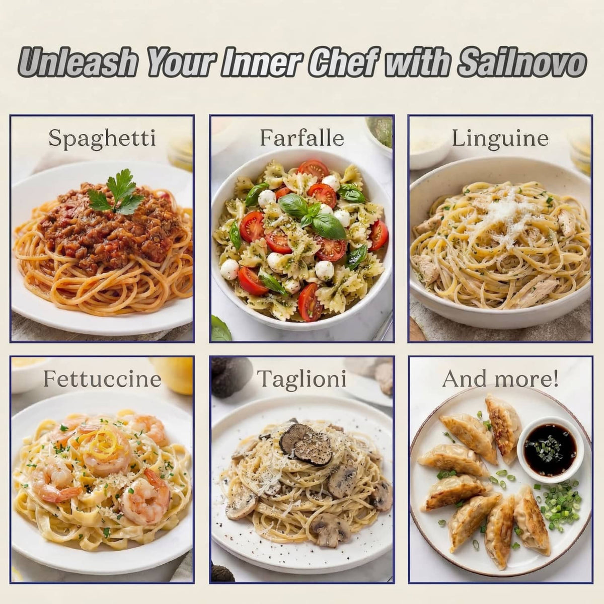 Assorted pasta dishes shown with Sailnovo pasta maker, including spaghetti and linguine