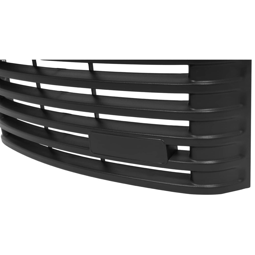 Front grille angled view showing horizontal slats and rectangular center insert, black