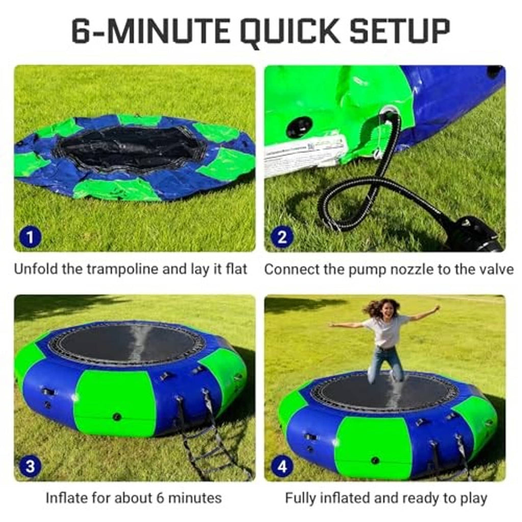 Inflatable water trampoline setup steps showing pump connection and full inflation