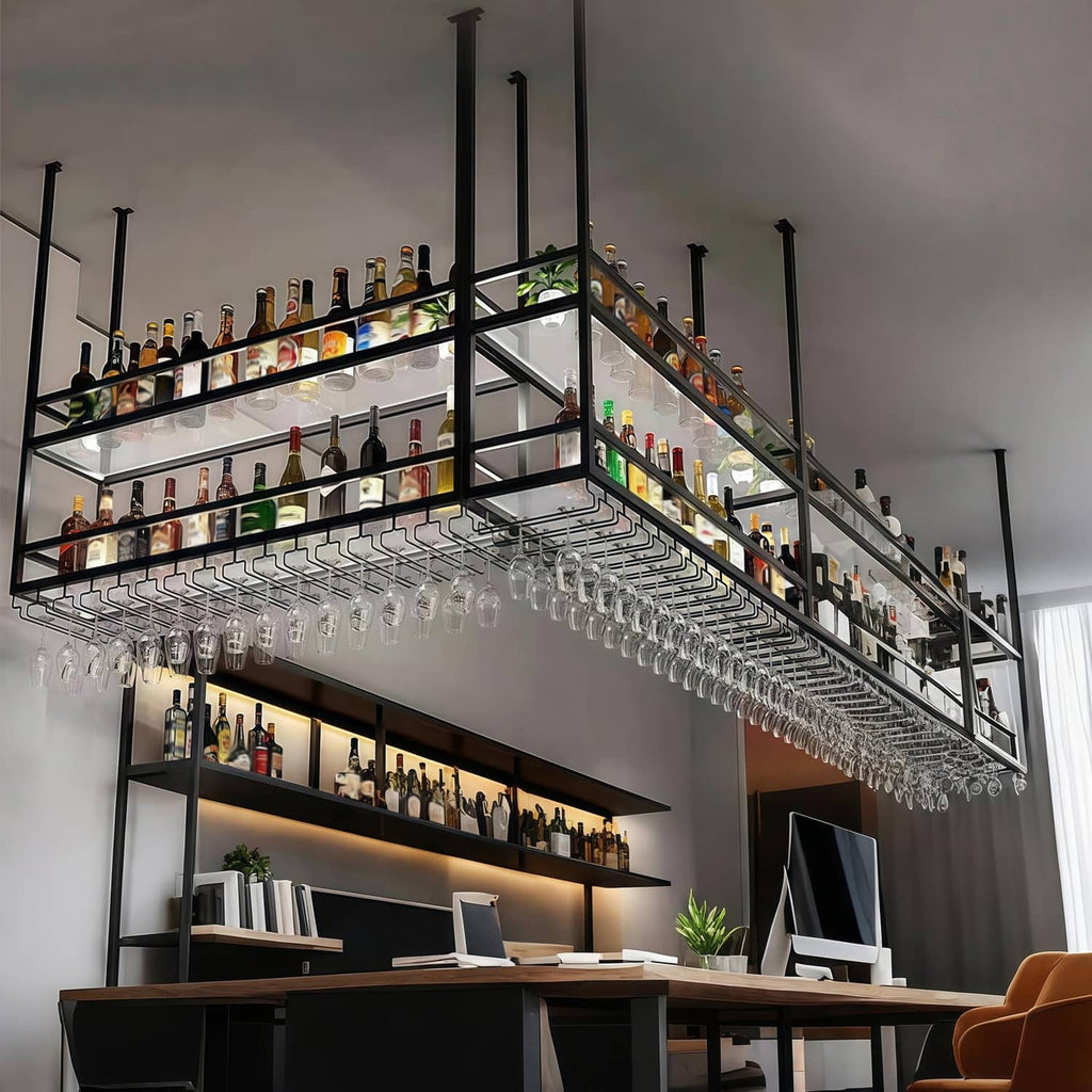 Ceiling corner wine glass rack with metal frame, acrylic shelves, and hanging glass holders