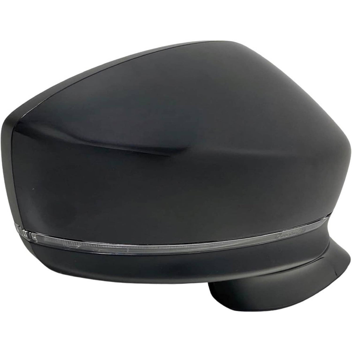 Passenger side mirror housing with clear turn signal lens strip, dark finish