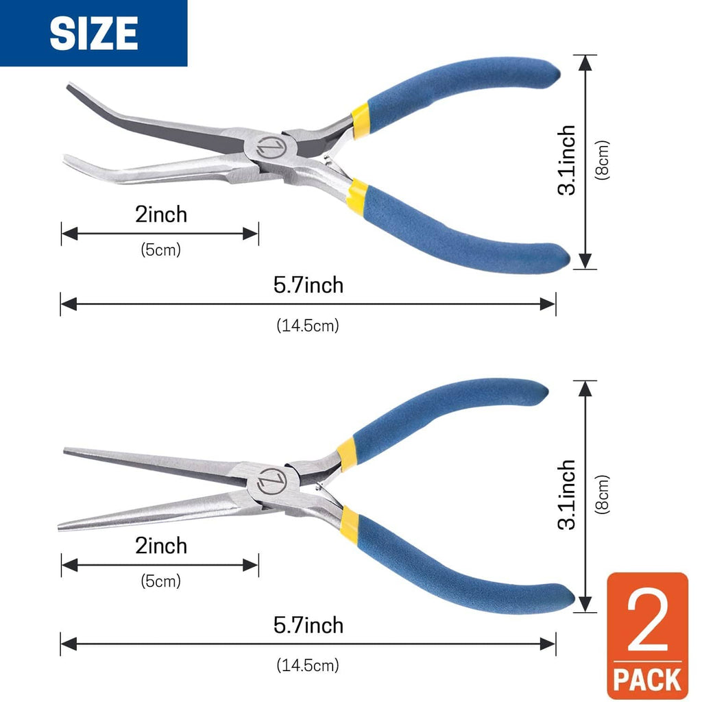 Mini needle-nose pliers, 2 in/3.1 in lengths shown; blue handles, yellow accents